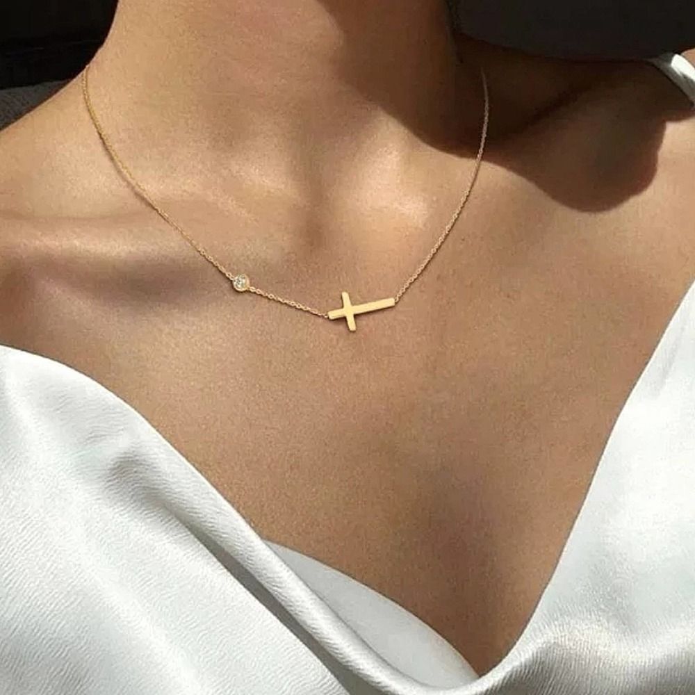 Gold Sideways Cross Necklace Cubic Zirconia Charm - Picture 1 of 8